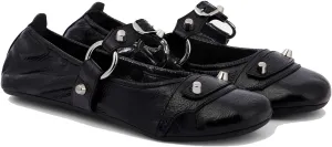 Women's Leather Punk Ballet Flats - Studded Slip-On Mary Jane Shoes, Y2K Round Toe Ballerinas for Work & Casual Wear