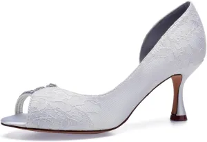 Women's Mid Heel Dress Pumps Peep Toe Wedding Party Shoes Slip on Bridal Shoes Lace Rhinestone Court Shoes