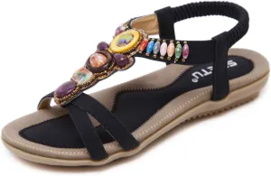 Women's Open Toe Sandals Summer Bohemia Rhinestone Flower Bead Folk Boho Beach Flip Flops Elastic Shoes Size 6.5-12.5 US