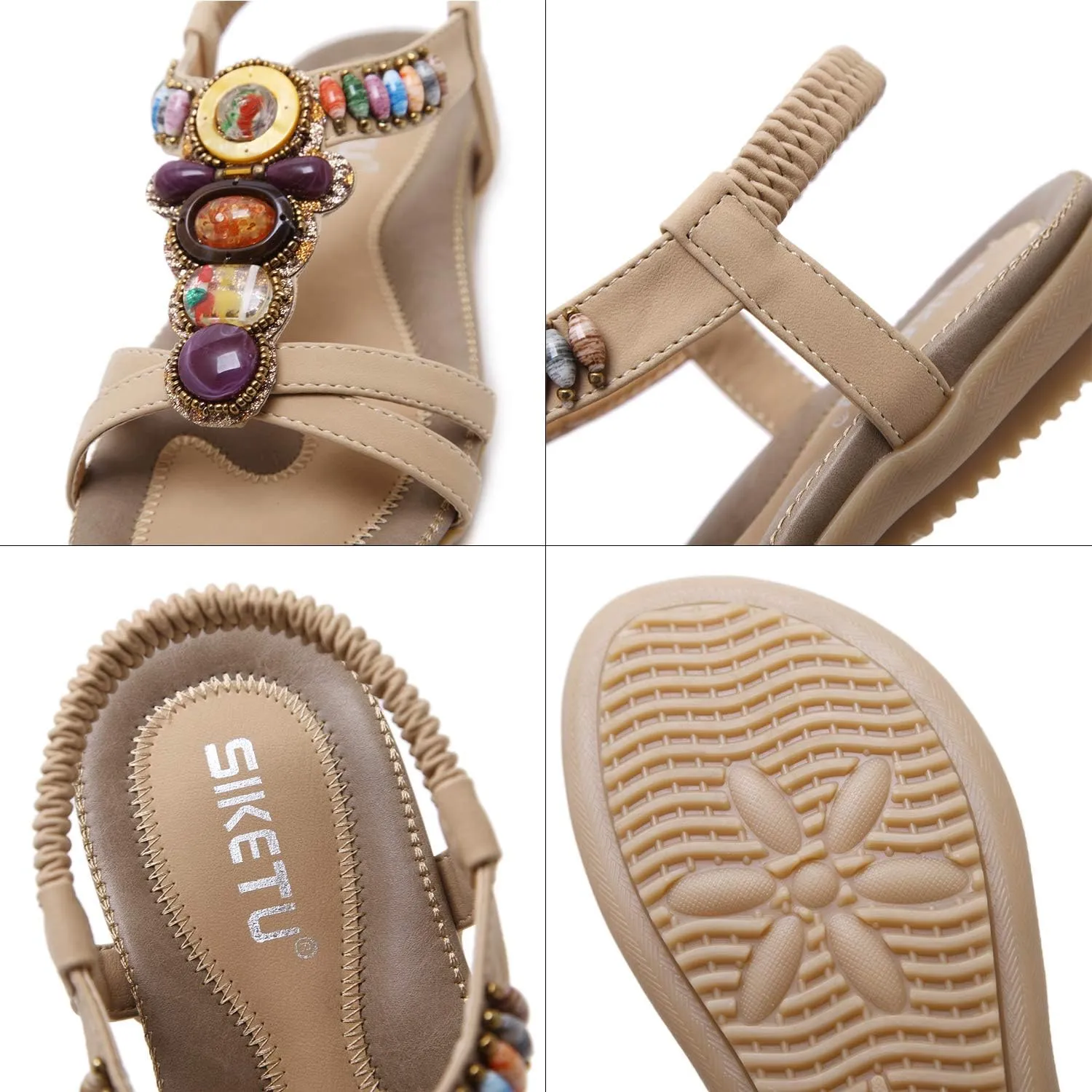Women's Open Toe Sandals Summer Bohemia Rhinestone Flower Bead Folk Boho Beach Flip Flops Elastic Shoes Size 6.5-12.5 US