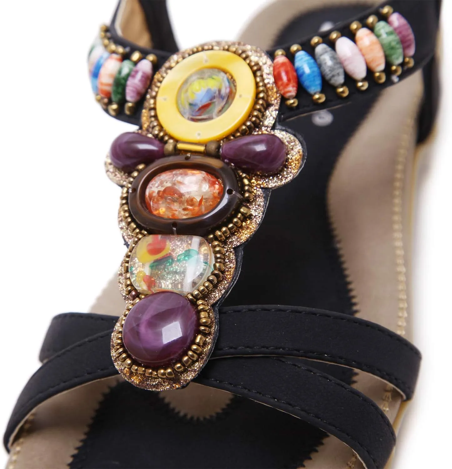 Women's Open Toe Sandals Summer Bohemia Rhinestone Flower Bead Folk Boho Beach Flip Flops Elastic Shoes Size 6.5-12.5 US