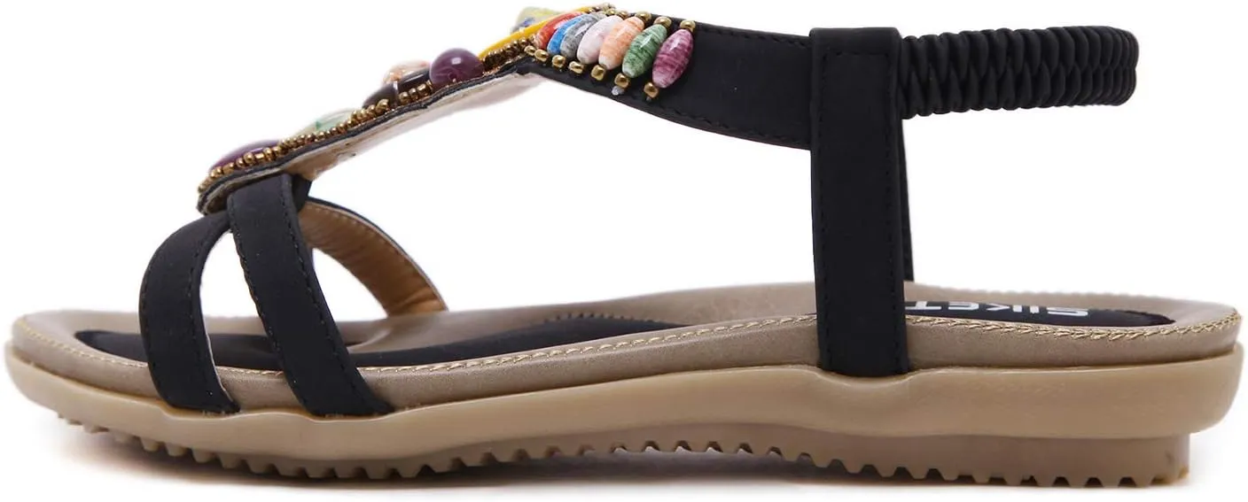 Women's Open Toe Sandals Summer Bohemia Rhinestone Flower Bead Folk Boho Beach Flip Flops Elastic Shoes Size 6.5-12.5 US