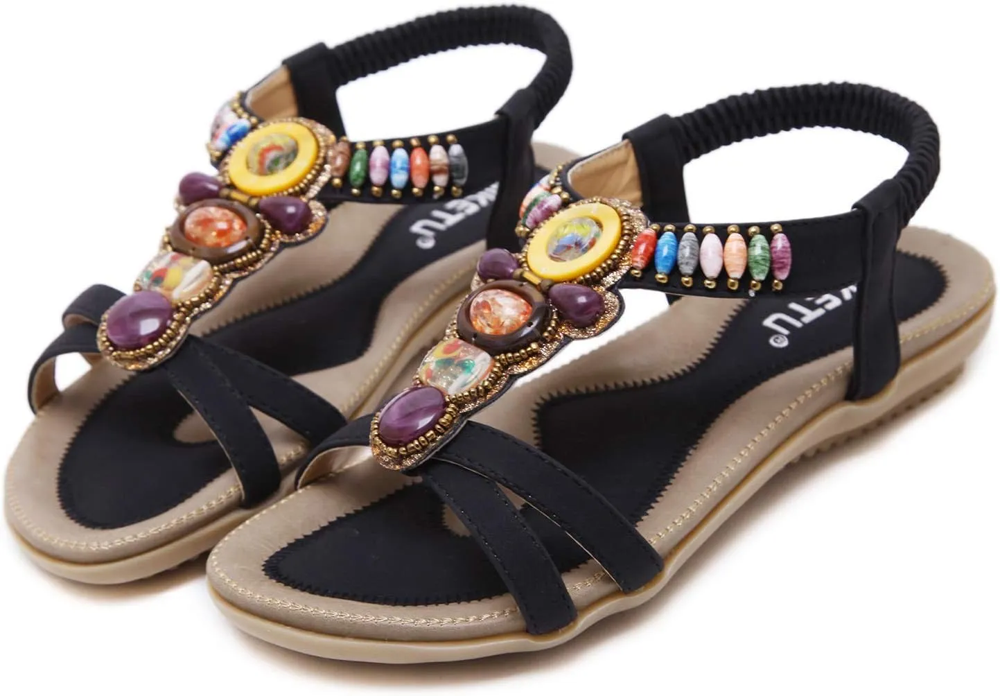 Women's Open Toe Sandals Summer Bohemia Rhinestone Flower Bead Folk Boho Beach Flip Flops Elastic Shoes Size 6.5-12.5 US