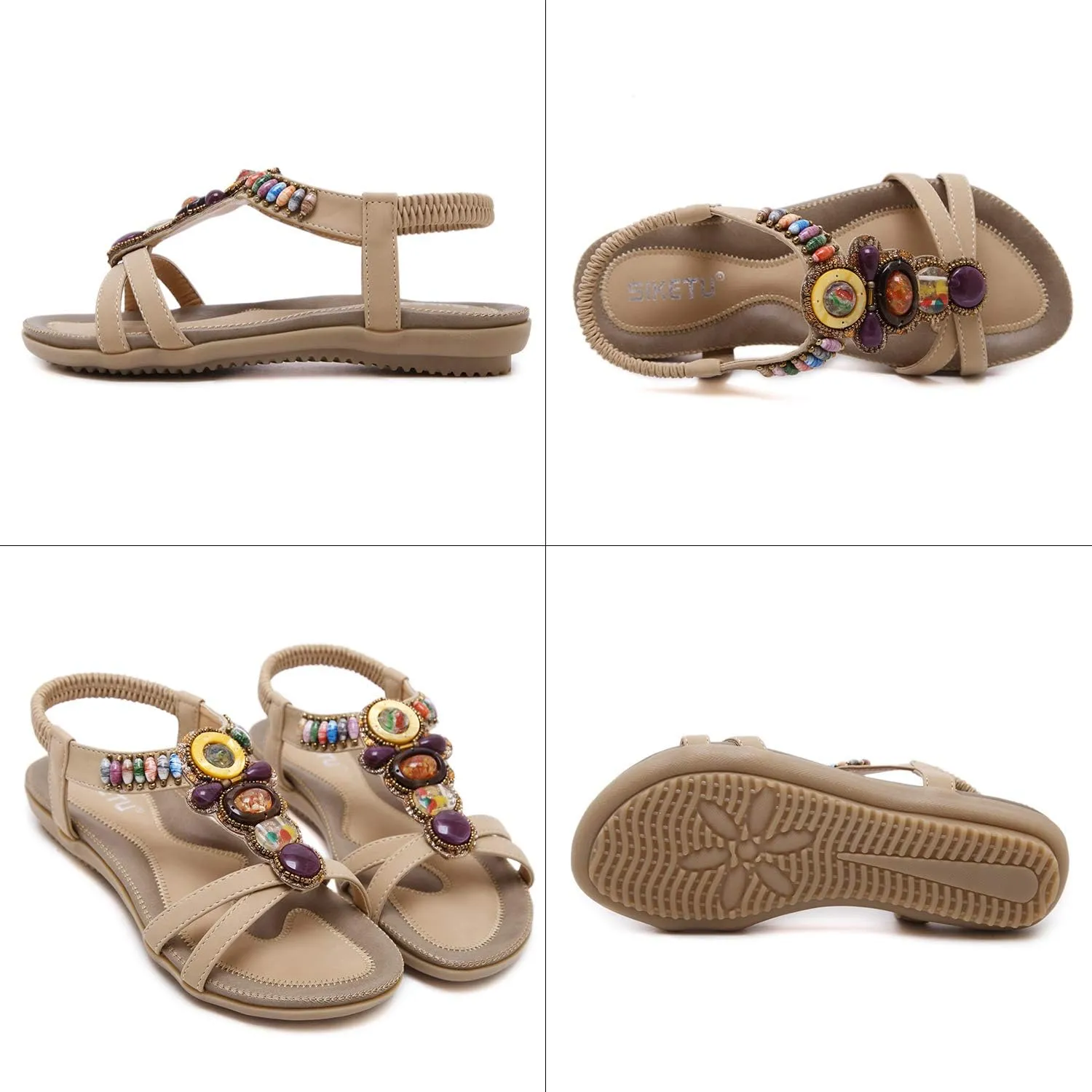 Women's Open Toe Sandals Summer Bohemia Rhinestone Flower Bead Folk Boho Beach Flip Flops Elastic Shoes Size 6.5-12.5 US
