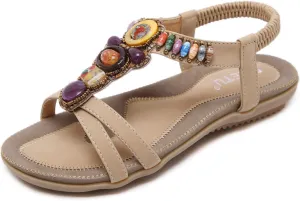 Women's Open Toe Sandals Summer Bohemia Rhinestone Flower Bead Folk Boho Beach Flip Flops Elastic Shoes Size 6.5-12.5 US