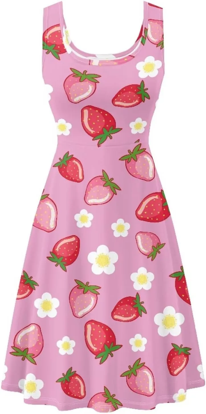 Women's Summer Casual Floral Print Midi Beach Sundress Sleeveless Scoop Neck Flowy A Line Tank Dress with Pockets