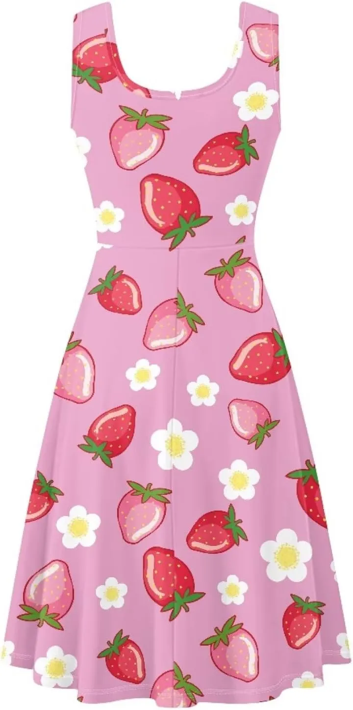 Women's Summer Casual Floral Print Midi Beach Sundress Sleeveless Scoop Neck Flowy A Line Tank Dress with Pockets