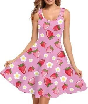 Women's Summer Casual Floral Print Midi Beach Sundress Sleeveless Scoop Neck Flowy A Line Tank Dress with Pockets