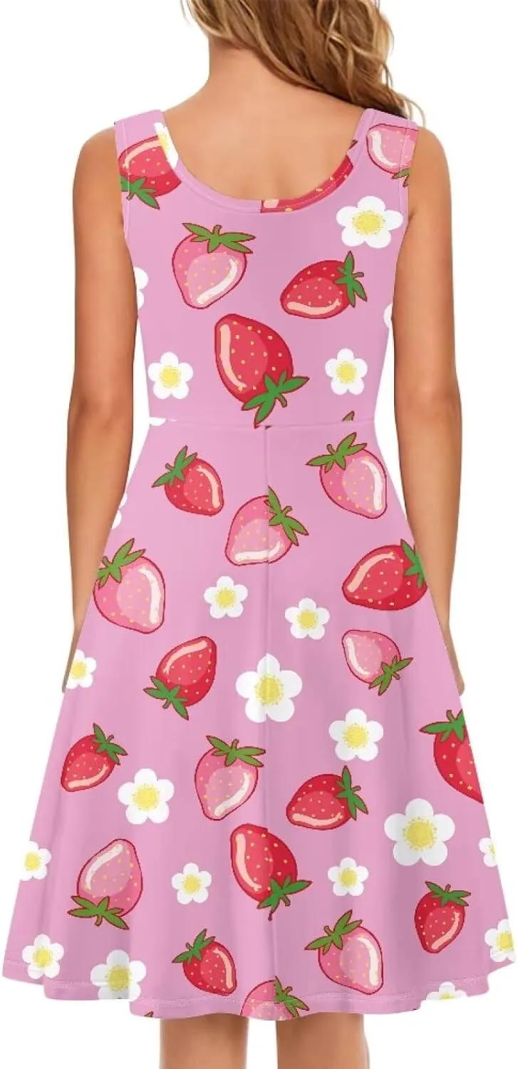 Women's Summer Casual Floral Print Midi Beach Sundress Sleeveless Scoop Neck Flowy A Line Tank Dress with Pockets