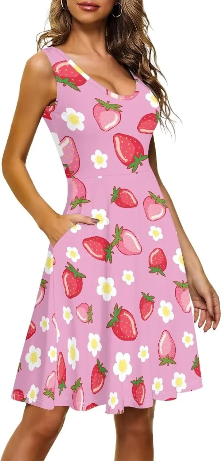 Women's Summer Casual Floral Print Midi Beach Sundress Sleeveless Scoop Neck Flowy A Line Tank Dress with Pockets