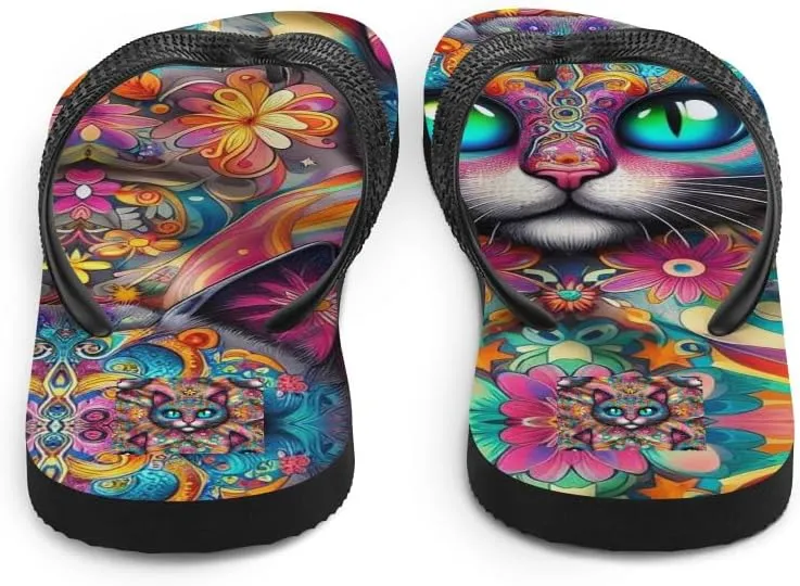 Women's Trippy Colorful Cat Illusion Print Luxe Flip-Flops
