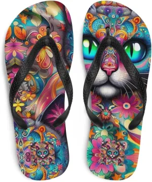 Women's Trippy Colorful Cat Illusion Print Luxe Flip-Flops