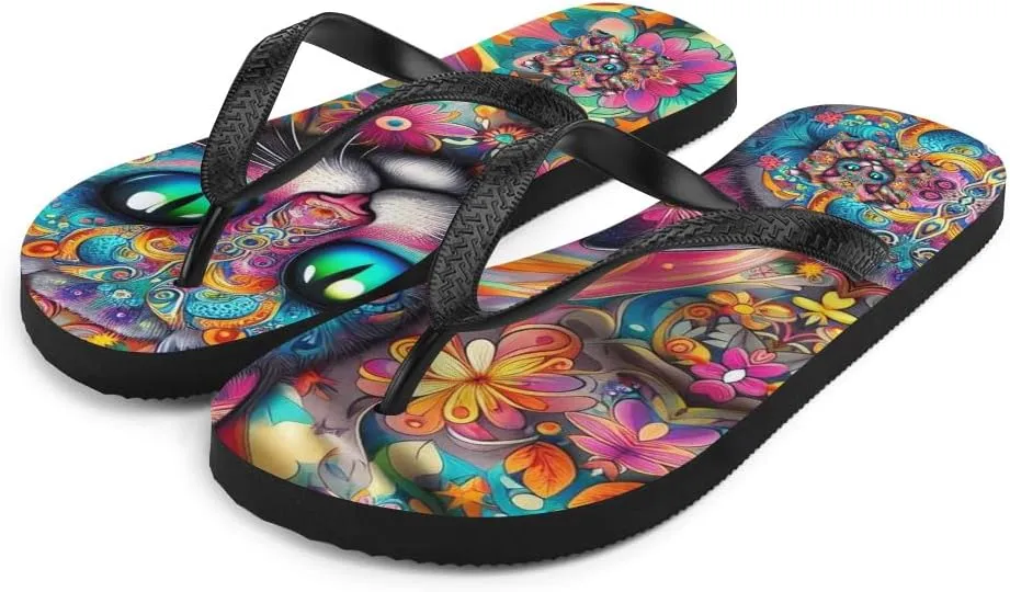 Women's Trippy Colorful Cat Illusion Print Luxe Flip-Flops