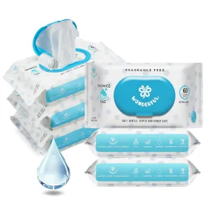 WONDERFUL Flushable Butt Wipes, Unscented 100% Plant-Based Wet Wipes for Adults & Kids, Sewer & Septic Safe, Gentle for Sensitive Skin, Wipes Flushable Pack for Bathroom & Travel, 6-Pack (360 Wipes)