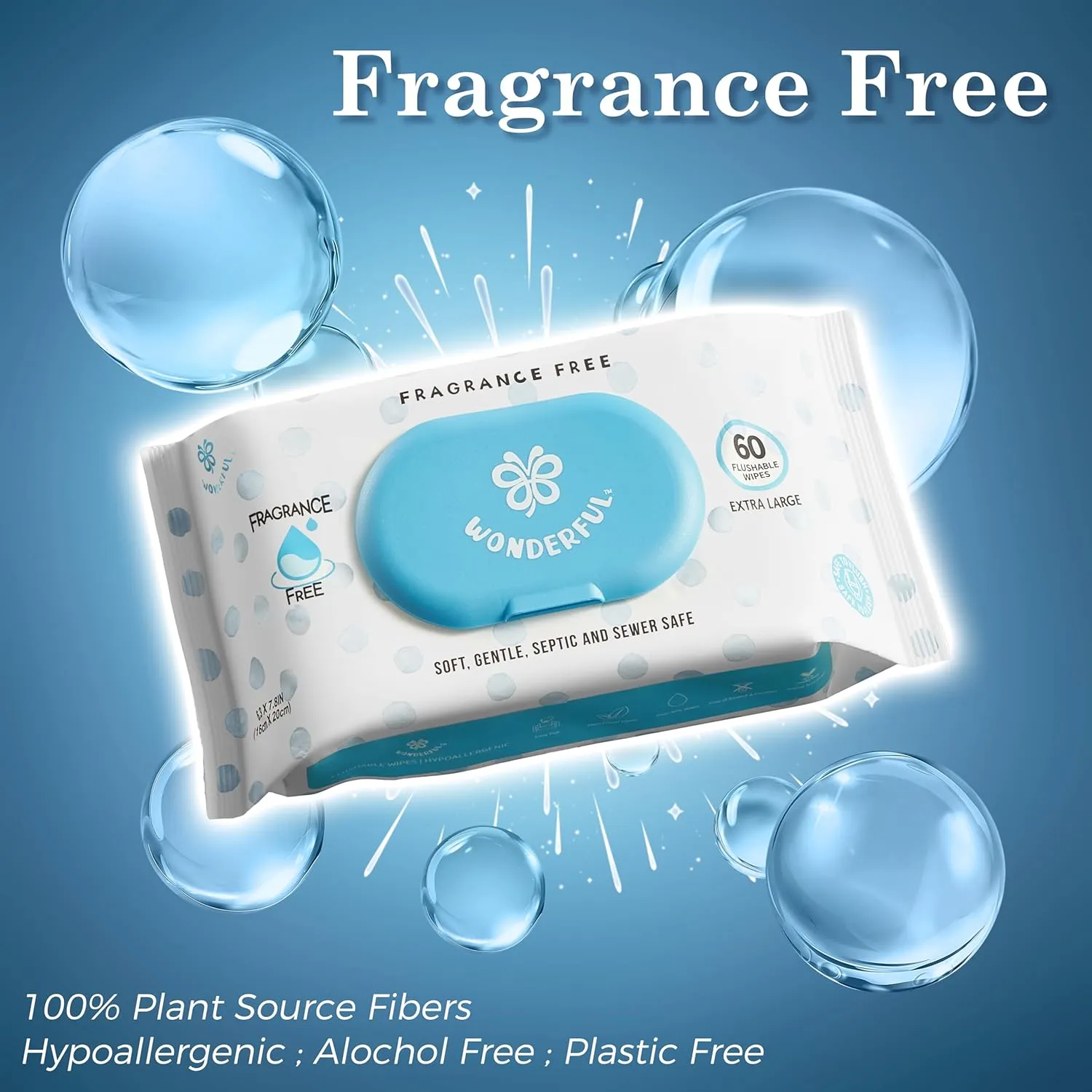 WONDERFUL Flushable Butt Wipes, Unscented 100% Plant-Based Wet Wipes for Adults & Kids, Sewer & Septic Safe, Gentle for Sensitive Skin, Wipes Flushable Pack for Bathroom & Travel, 6-Pack (360 Wipes)