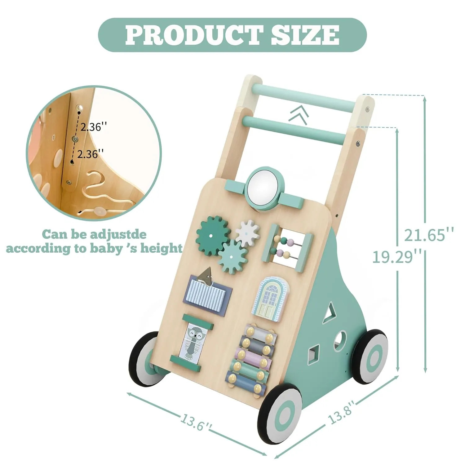Wooden Baby Walker, Wood Push Walker Adjustable Height and Speed Multiple Learning Activity Walker Baby Walker with Wheels for Girls 6-12 Months, Green
