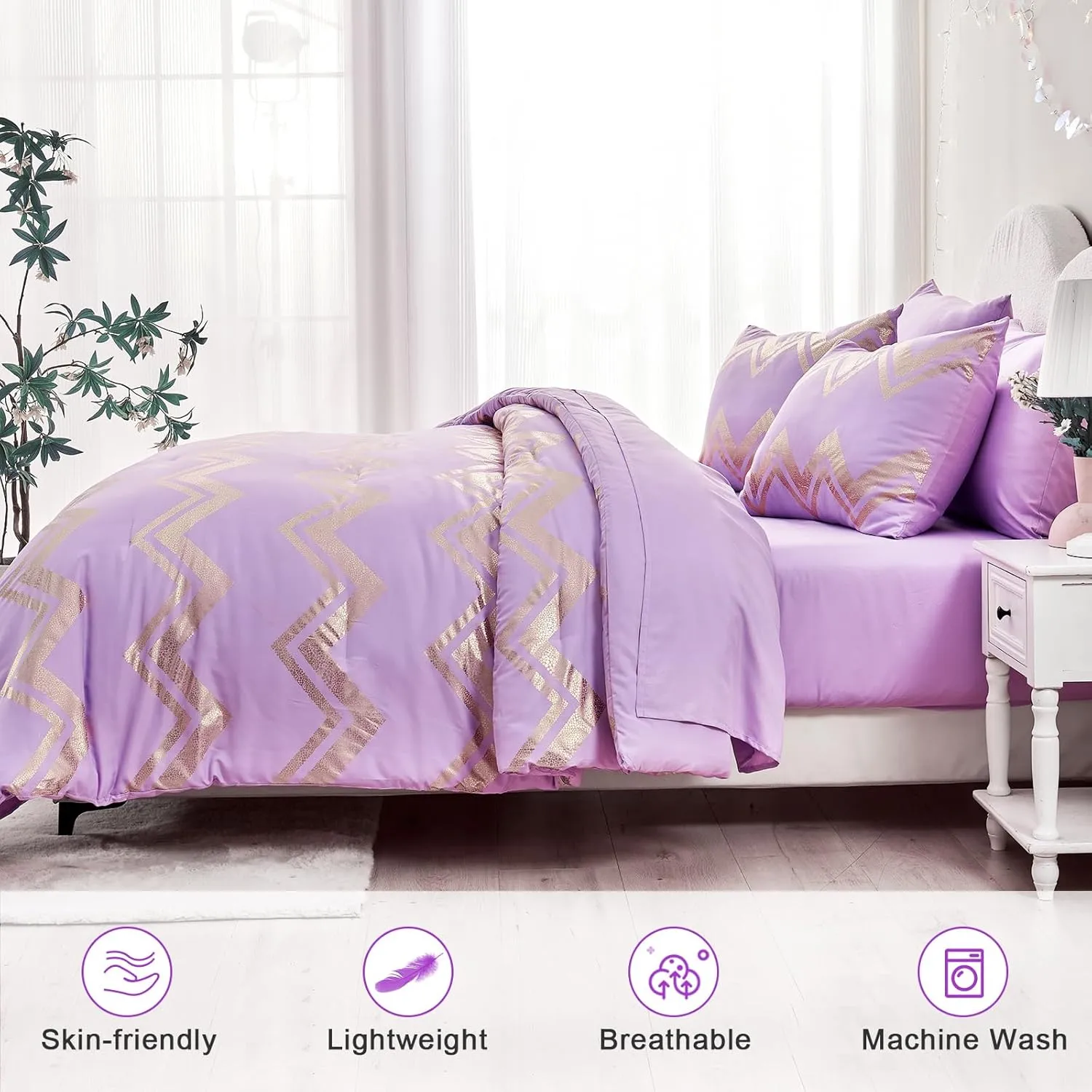 Wowelife 5 Piece Purple Twin/Twin XL Comforter Set for Girls Twin Bedding Sets Lavender Bedding Bed in A Bag Twin Bed Sets with Comforter, Flat Sheet, Fitted Sheet, 1 Pillowcase and 1 Pillow Sham