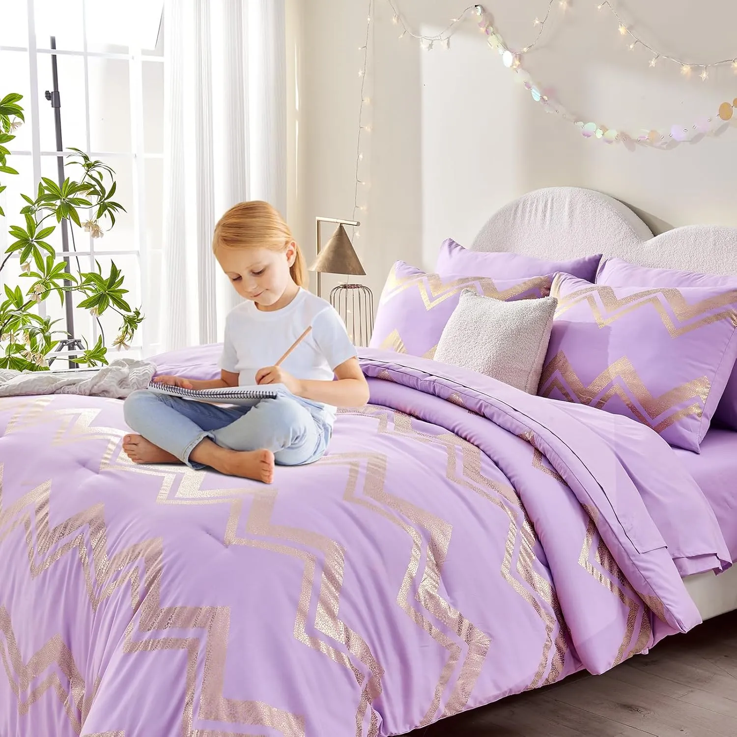 Wowelife 5 Piece Purple Twin/Twin XL Comforter Set for Girls Twin Bedding Sets Lavender Bedding Bed in A Bag Twin Bed Sets with Comforter, Flat Sheet, Fitted Sheet, 1 Pillowcase and 1 Pillow Sham