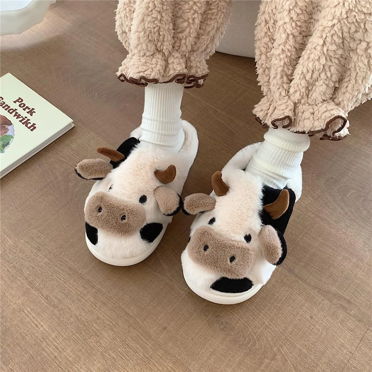 XIXITIAO Slippers For Women,Cow Slippers,Womens Fuzzy Slippers,Cute Animal Cartoon Fluffy Plush House Slippers For Women Men Indoor