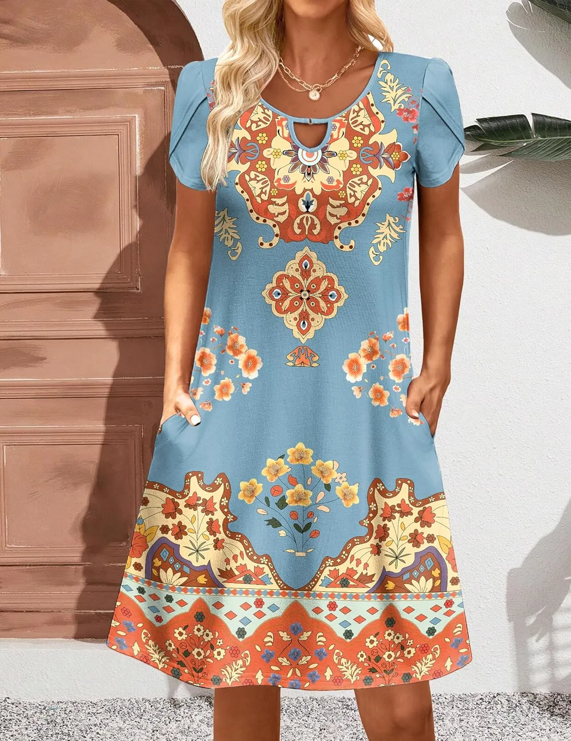 Zeagoo Women's Casual A-Line Dresses with Pockets Summer Floral Tshirt Dress Short Sleeve Mini Dress Flowy Sundresses